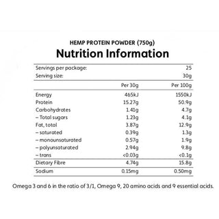 Hemp Gallery Australia 369 Foods Australian Grown Hemp Protein Powder Nutrition Information